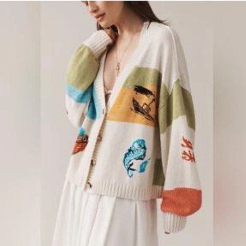Anthropologie-Maeve Icon Graphic Patterned Cardigan Sweater